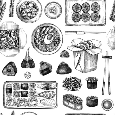 Asian food background. Japanese cuisine seamless pattern. Hand-drawn vector illustration in engraved style. NOT AI generated